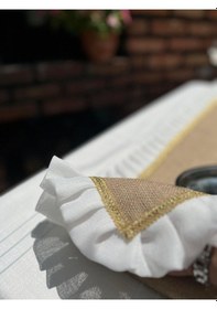 Resim Diletto Hasır Jüt Kumaş Gold Şeritli Tül Fırfırlı Runner Hasır Kahve 