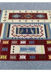 Resim El Dokuma Dekoratif Kilim Seti 3 Adet Renkli %100 Yün Kilim 