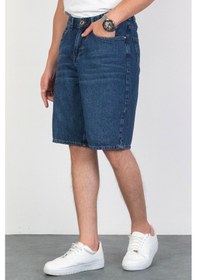 Resim HLT Jeans Erkek Koyu Mavi Baggy Fit Rahat Kesim %100 Pamuk Denim Loose Jeans Kot Şort Arthur-Kymavi 001 