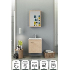 Resim Biani Fix Loft 55 Cm Banyo Dolabı,Seramik Lavabolu, Aynalı,Lavabo Dahil,Mdf,Aybe Bej 