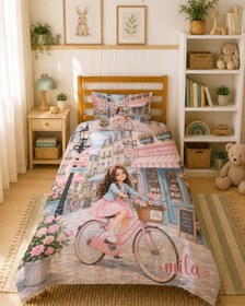 Resim Evmila Karikatüristik Bisikletli Kız Temalı Nevresim Takımı - 200x220 cm Nevresim ( Çift Kişilik Özelleştirilmiş ) + 50x70 cm Yastık Kılıfı 2 Adet 