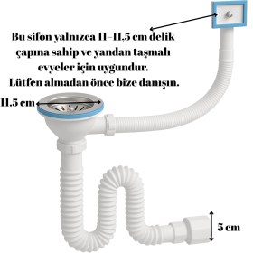 Resim DESIPHON Çöpmak Tekli Körüklü Lavabo Sifonu, Beyaz, 11.5 cm Çaplı, Yandan Taşmalı, Esnek Hortumlu, Kolay Montaj 