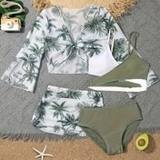 Resim Hindistan Cevizli Ağaçlar Baskılı 4 Parça Bikini Takımı, Katmanlı Üst Ve Yüksek Kesimli Külotlu Ve Uzun Kollu Kapaklı Gömlek Ve Etek Mayo, Kadınların Mayo Ve Giyim Ürünleri 