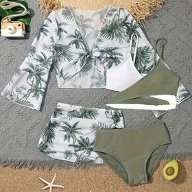 Resim Hindistan Cevizli Ağaçlar Baskılı 4 Parça Bikini Takımı, Katmanlı Üst Ve Yüksek Kesimli Külotlu Ve Uzun Kollu Kapaklı Gömlek Ve Etek Mayo, Kadınların Mayo Ve Giyim Ürünleri 