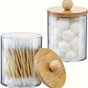 Resim 1 Adet Akrilik Yuvarlak Şeffaf Saklama Kabı Ahşap Kapaklı - Pamuklu Çubuklar, Makyaj Süngerleri ve Küçük Eşyalar İçin İdeal - Ev Düzenleme - 11.3cm x 7cm - Modern Dekor için Minimalist Tasarım 