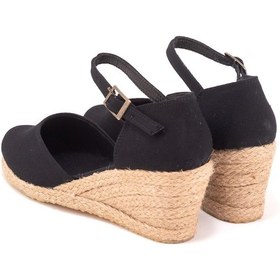 Resim Gerçek Elişi Topuğu Kapalı Bilekten Bantlı Keten Espadril Dolgu Topuk Handmade Siyah 