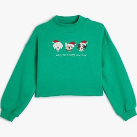 Resim Koton Sweatshirt Uzun Kollu Dik Yaka Yılbaşı Temalı Baskı Detaylı Pamuklu Yeşil 5wkg10545ak Koyu Yeşil 