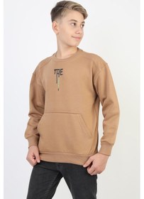 Resim Kanguru Cepli Bisiklet Yaka Erkek Çocuk Sweatshirt-90901 Kahverengi 