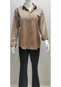 Resim Kadın Uzun Kollu Düğmeli Salaş Parlak Dokuma Kumaş Kahve Rengi Kahverengi 