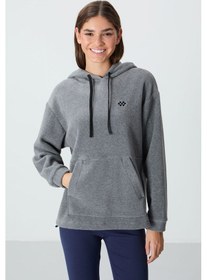 Resim Tommy Life Gri Melanj Kalın Yumuşak Dokulu Kapüşonlu Oversize Nakışlı Polar Kadın Sweatshirt - 97292 Gri Melanj 