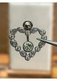 Resim 316 L Cerrahi Çelik Kalp Modeli Parlak Zirkon Taşlı Göbek Piercingi Gümüş 