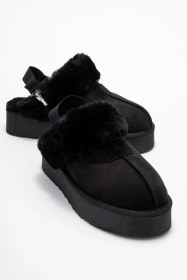 Resim Luvishoes Luvi Shoes Olessa Siyah Hakiki Deri Süet Kadın Kürklü Terlik Siyah Süet Siyah 