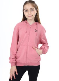 Resim Toontoy Kız Çocuk Kapüşonlu Fermuarlı Cepli Düşük Omuz Nakış Baskılı Örme Hırka - 2 İplik 