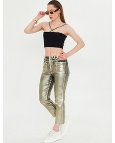 Resim Kutsa Gold Varaklı Paçası Kesik Trend Jean Pantolon Taba 