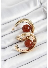 Resim Pirinç Gold Renk Halka Model Kahverengi Boncuk Detay Kadın Küpe Diğer 