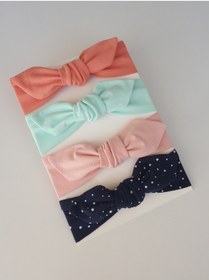 Resim swan butik Kız Bebek Bandana Toka Seti 4'lü Pudra Pembe Şeftali Mint Lacivert Benekli 