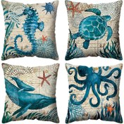 Resim 4 adet/takım Deniz Temalı Dekoratif Kare Polyester Kıyı Yastık Kılıfı Okyanus Hayvanı Minderi Kapakları Yastık İçi Yok, 44.98cm x 44.98cm 4 Adet Denizcilik Yastık Kılıfları, Tek Taraflı Tasarım, Yastık Çekirdeği Dahil Değildir 