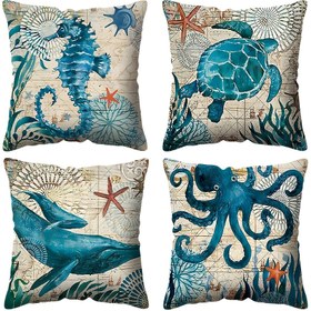 Resim 4 adet/takım Deniz Temalı Dekoratif Kare Polyester Kıyı Yastık Kılıfı Okyanus Hayvanı Minderi Kapakları Yastık İçi Yok, 44.98cm x 44.98cm 4 Adet Denizcilik Yastık Kılıfları, Tek Taraflı Tasarım, Yastık Çekirdeği Dahil Değildir 