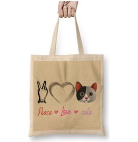 Resim Toyaso Peace Love Cats Beyaz Bez Çanta Uzun Saplı Alışveriş Çantası Plaj Çantası Beyaz 