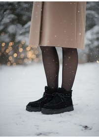 Resim Kadın Siyah Süet Yumuşak Deri Kürklü Kışlık Bağcıklı Bot Siyah 