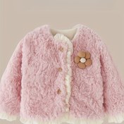 Resim Ultra-Soft V-Neck Dantel Trimli Bebek Kız Ceket - Pembe Tüylü Kış Ceketi, Çiçek Düğmeleri ile, Sonbahar/Kış için Düz Fit Rahat Dış Giyim, Bebek Kız Ceketi, Tatlı Stil Giyim, Peluş Dokulu Giyim 