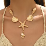 Resim Boho Chic Denizyıldızı ve Deniz Kabuğu Kolye - Altın Tonlu Çinko Alaşımlı, Kadınlar için Plaj Tatili Takıları, Rahat Kıyafetler veya Partiler için Mükemmel, Tatil Aksesuarı|Boho Chic Tarzı|Çinko Alaşımlı Kolye 