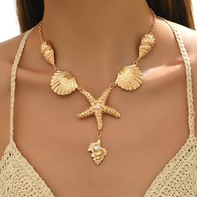 Resim Boho Chic Denizyıldızı ve Deniz Kabuğu Kolye - Altın Tonlu Çinko Alaşımlı, Kadınlar için Plaj Tatili Takıları, Rahat Kıyafetler veya Partiler için Mükemmel, Tatil Aksesuarı|Boho Chic Tarzı|Çinko Alaşımlı Kolye 