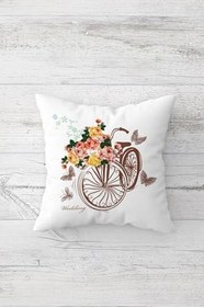 Resim Pelangi Kelebekler Ve Çiçekli Bisiklet Çift Tarafı Baskılı Gizli Fermuar Yastık Kılıfı Kırlent Yastık Kılıfı, beyaz-kahve-yeşil 45 x 45, 2469152345451 