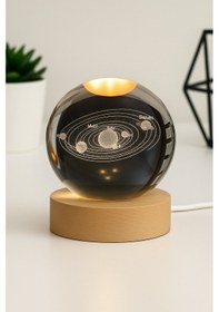 Resim 3d Güneş Sistemi Kristal Gün Işığı Led Gece Lambası Usb'li Ahşap Standlı Led Masa - Gece Lambası 