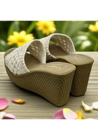 Resim 2503 10.5 Cm Dolgu Topuklu Kadın Terlik Ayakkabı Düğün Nişan Abiye Kadın Ayakkabısı Bej 
