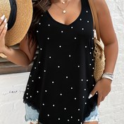 Resim Plus Beden Kadınlar İçin Şık V-Yaka İnci Süslemeli Kolsuz Üst - Dantel Detaylı Esnek Yazlık Tank Top, Makinede Yıkanabilir Siyah Gömlek Günlük ve Resmi Giyim için, Bayan Tank Topları, İnci Süslemeleri, Opak Kumaş 
