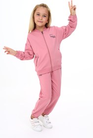 Resim Toontoy Kız Çocuk 2'li Takım Baskılı Kolej Yaka Fermuarlı Sweatshirt & Beli Paçası Lastikli Eşofman Altı 