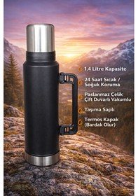 Resim Atmaca 1.4 Litre Çift Duvarlı Paslanmaz Çelik Vakumlu Termos 24 Saat Sıcak-soğuk Koruma, Taşıma Saplı, Kamp-ofis-seyahat Için Profesyonel Termos Gümüş - Siyah 