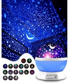 Resim Dekoratif Çocuk Odası Gece Lambası Projeksiyon Dönen Ay Yıldız Mavi 