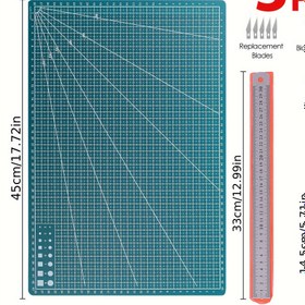 Resim 3 parça set: El Kesme Tahtası + Çelik Cetvel + Kazıma Bıçağı Kombinasyonu 5 Bıçaklı, 2 Boyutlu A3 & A4 El Sanatları, Dikiş ve Sanat İçin - Dayanıklı PP Malzeme, Alüminyum Alaşımlı Kazıma Aracı 1 Bıçaklı + 5 Mangan Çelik Bıçağı, Izgara Çizgileri ve Ölçüm İşaretleri ile - Kazıma, Pişirme, Kil Yapımı İçin Mükemmel - Şükran Günü ve Cadılar Bayramı İçin İdeal Hediye, El Kesme Matı | Izgara Kesme Tahtası | Dayanıklı PP Malzeme, El Sanatları Malzemeleri, Plastik 