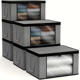 Resim 6 adet Açık Görünümli Gri Non-Woven Depolama Kutusu - Yatak Örtüleri, Yorganlar, Giysiler için Dayanıklı, Katlanabilir Düzenleyici Çantalar | Güçlendirilmiş Tutacaklar, Su Geçirmez Kumaş, Ev Düzenleme Gereksinimleri, Yorgan Depolama | Katlanabilir Depolama Kutuları | Dayanıklı Kumaş, Yatak Altı Depolama 