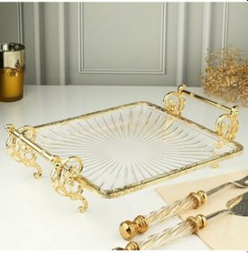 Resim Royking 25 25 Cm Kare Gold Kenarlı Ayaklı Cam Servis & Sunum Tabağı Şık Ve Dekoratif Gold - Şeffaf 