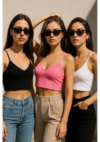 Resim Kadın 3'lü Paket Siyah Beyaz Pembe Kısa Crop İp Askılı V Yaka Krop Bluz Büstiyer Çok Renkli 