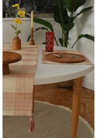 Resim Yakacihome Juta Kırmızı 5 Parça 4 Parça Amerikan Servis & 1 Parça Püsküllü Runner Jüt Kumaş Sofra Seti Kırmızı 