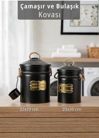 Resim 2'li Set Deterjan Kovası Çamaşır Bulaşık Kutusu Ölçekli Galvaniz Metal Siyah Siyah 
