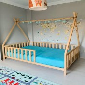 Resim Köşk Mobilya Rüya Doğal Montessori Bebek ve Çocuk Karyolası Kızılderili Model tüm Ölçülerde 