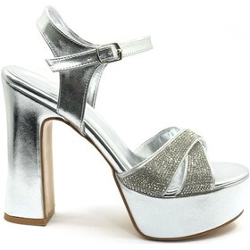 Resim Feles 13 Cm Yüksek Platform Çapraz Bant Topuklu Taşlı Kadın Abiye Ayakkabı Gümüş 