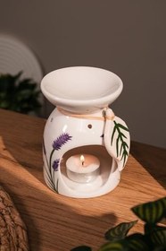 Resim Love Bundles Lavanta Desenli Seramik El Yapımı Buhurdanlık | Mumluk | Dekoratif (1 ADET TEALİGHT MUM ILE) Beyaz 