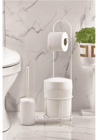 Resim Metal Standlı Yuvarlak Kovalı & Kağıtlıklı & Fırçalıklı Beyaz Banyo Takımı 