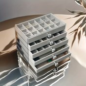 Resim Büyük Kapasiteli Çok Katlı Takı Saklama Kutusu Şeffaf Kapılarla & Çekmecelerle - Sağlam Plastik Yapım, Beyaz ve Siyah Dikdörtgen Organizatör Altın Menteşeli, İstiflenebilir Sergi Dolabı ile Kolye, Yüzük, Küpe, Bilezik Depolaması için Uygundur Komodin, Şık Masa, Perakende Gösterimi, Taşıyıcılar 