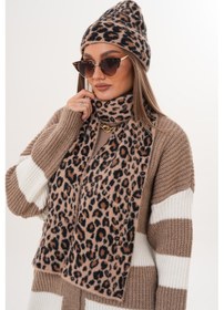 Resim Lüks Yumuşak Dokulu Leopar Atkı Bere Seti Kaliteli Triko Kombin Taş Leopar 