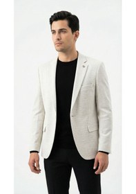 Resim Plus Scorpion Erkek Karyağdı Desenli Slim Fit Blazer Ceket Siyah & Bej Şık Günlük Ve Ofis Kombin Bej 