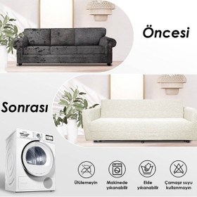 Resim Düz Jakarlı 3 Kişilik Taş-gri Kanepe Örtüsü Lastikli Koltuk Örtüsü Çekyat Örtüsü Koltuk Kılıfı Krem 