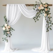 Resim Şık Beyaz Polyester Düğün Kemer Perdesi - Çiçek ve Yeşillik Detaylı Dikdörtgen Panel, Parti Arka Planları, Açık Hava Kemerleri, Kilise Düğün Dekorasyonu ve Şık Etkinlik Perdeleri için Mükemmel, Düğün Dekorasyonu 