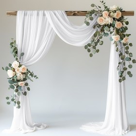 Resim Şık Beyaz Polyester Düğün Kemer Perdesi - Çiçek ve Yeşillik Detaylı Dikdörtgen Panel, Parti Arka Planları, Açık Hava Kemerleri, Kilise Düğün Dekorasyonu ve Şık Etkinlik Perdeleri için Mükemmel, Düğün Dekorasyonu 